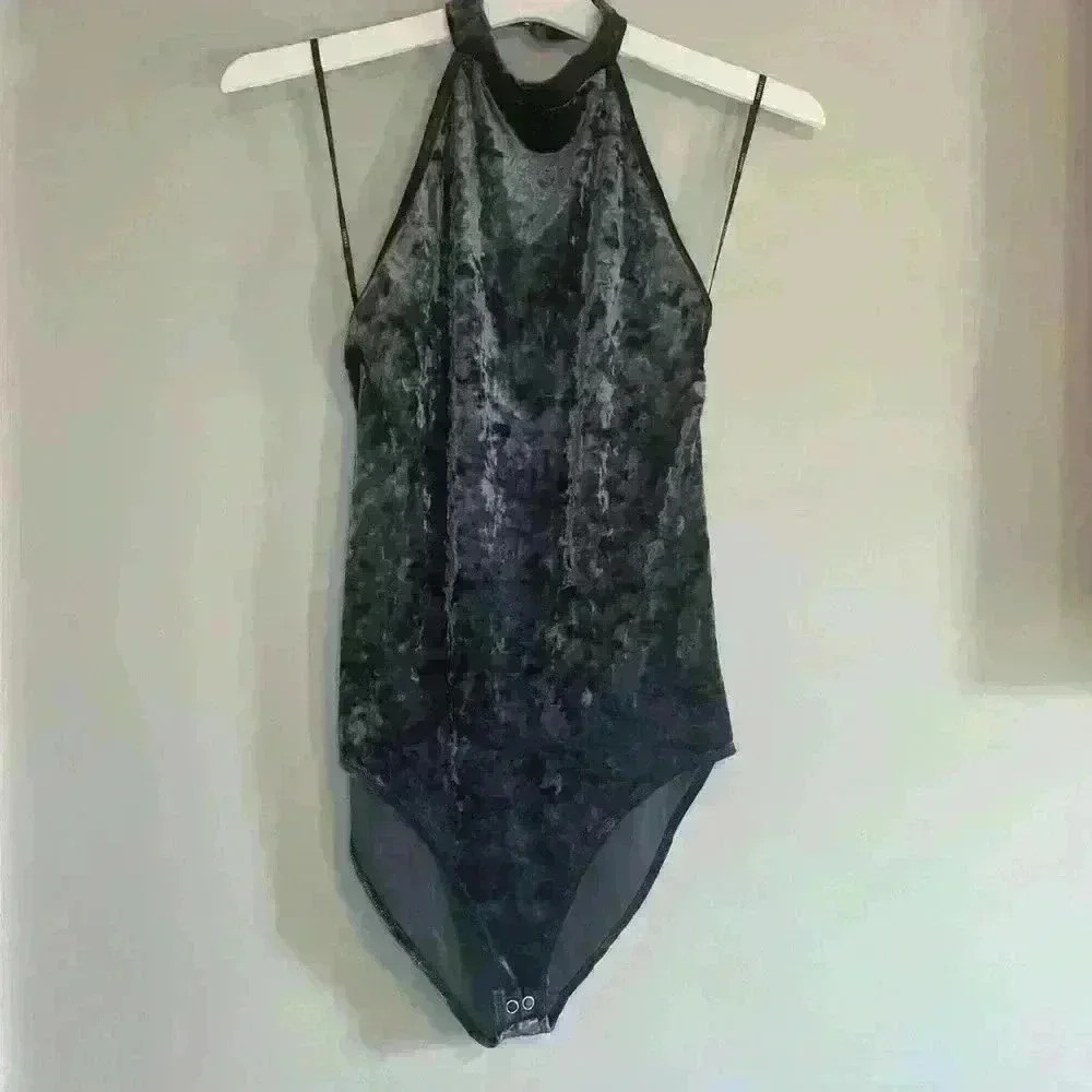 Forever 21 dark blue crushed velvet bodysuit size medium